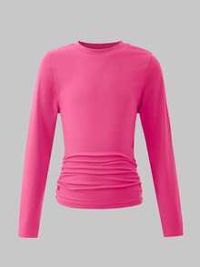 SHEIN Tween Girl) Casual Ruched Waist Round Neck Short Fitted Long Sleeve T-Shirt 3-Color Set - Multicolor - View 5