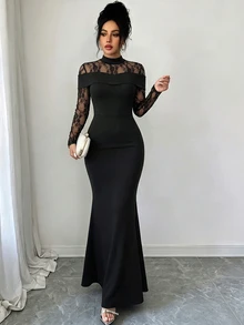 SHEIN Elenzya Gaun Elegan Patchwork Renda Prancis untuk Wanita - Hitam - View 4