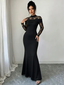 SHEIN Elenzya Gaun Elegan Patchwork Renda Prancis untuk Wanita - Hitam - View 3
