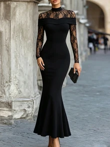 SHEIN Elenzya Gaun Elegan Patchwork Renda Prancis untuk Wanita - Hitam - View 6