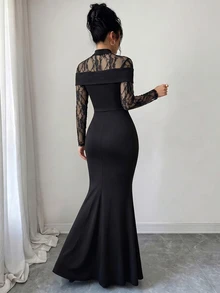 SHEIN Elenzya Gaun Elegan Patchwork Renda Prancis untuk Wanita - Hitam - View 2