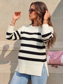 SHEIN كنزة صوفية طويلة الأكمام بألوان متباينة للحوامل، كاجوال يومية للمطار والمناسبات الرسمية، خريفية، بيضاء - أبيض وأسود - مشاهدة 1