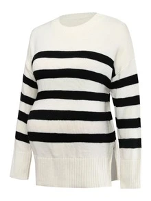 SHEIN كنزة صوفية طويلة الأكمام بألوان متباينة للحوامل، كاجوال يومية للمطار والمناسبات الرسمية، خريفية، بيضاء - أبيض وأسود - مشاهدة 5