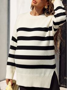 SHEIN كنزة صوفية طويلة الأكمام بألوان متباينة للحوامل، كاجوال يومية للمطار والمناسبات الرسمية، خريفية، بيضاء - أبيض وأسود - مشاهدة 8