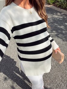 SHEIN كنزة صوفية طويلة الأكمام بألوان متباينة للحوامل، كاجوال يومية للمطار والمناسبات الرسمية، خريفية، بيضاء - أبيض وأسود - مشاهدة 7