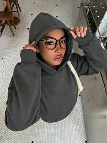 SHEIN 青少年女孩休閒極簡長袖連帽寬鬆加厚衛衣，適合秋冬穿著 - 深灰色 - 查看 2