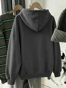 SHEIN 青少年女孩休閒極簡長袖連帽寬鬆加厚衛衣，適合秋冬穿著 - 深灰色 - 查看 7