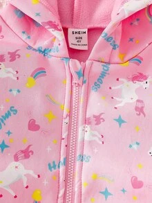 Elladie kids 1件女童獨角獸彩虹印花抓絨內裡拉鍊連帽外套 長袖休閒外套 嬰兒白色冬季款 - 粉色 - 查看 8