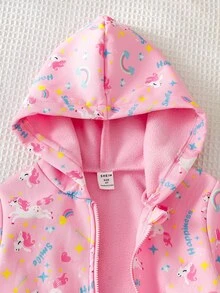 Elladie kids 1件女童獨角獸彩虹印花抓絨內裡拉鍊連帽外套 長袖休閒外套 嬰兒白色冬季款 - 粉色 - 查看 3
