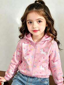 Elladie kids 1件女童獨角獸彩虹印花抓絨內裡拉鍊連帽外套 長袖休閒外套 嬰兒白色冬季款 - 粉色 - 查看 5
