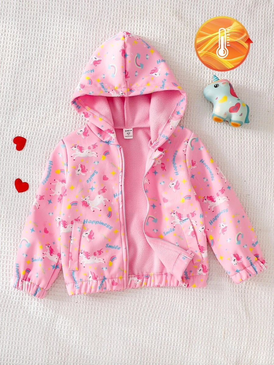 Elladie kids 1件女童獨角獸彩虹印花抓絨內裡拉鍊連帽外套 長袖休閒外套 嬰兒白色冬季款 - 粉色 - 查看 1