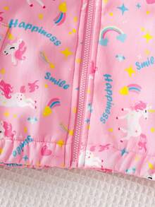 Elladie kids 1件女童獨角獸彩虹印花抓絨內裡拉鍊連帽外套 長袖休閒外套 嬰兒白色冬季款 - 粉色 - 查看 6