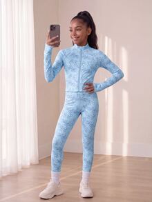 SHEIN Tween Girl All-Over Print Long Sleeve Top And Pants Casual Active Y2k Athletic Sports Set Gym Light Blue Autumn Gym Workout - Blue - View 5