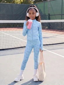 SHEIN Tween Girl All-Over Print Long Sleeve Top And Pants Casual Active Y2k Athletic Sports Set Gym Light Blue Autumn Gym Workout - Blue - View 4