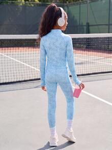 SHEIN Tween Girl All-Over Print Long Sleeve Top And Pants Casual Active Y2k Athletic Sports Set Gym Light Blue Autumn Gym Workout - Blue - View 2
