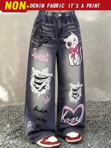 Young Girls 1Pcs Butterfly Cat Letter Print Wide Leg Pants, Loose Fit Fall Casual Daily Wear - Multicolor - View 3