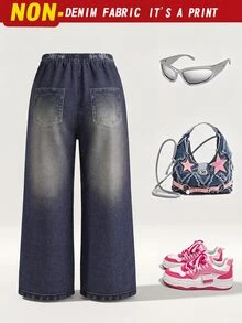 Young Girls 1Pcs Butterfly Cat Letter Print Wide Leg Pants, Loose Fit Fall Casual Daily Wear - Multicolor - View 2