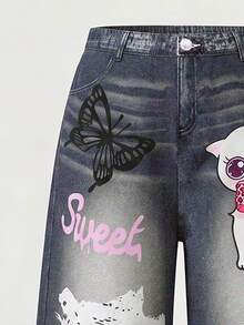 Young Girls 1Pcs Butterfly Cat Letter Print Wide Leg Pants, Loose Fit Fall Casual Daily Wear - Multicolor - View 6