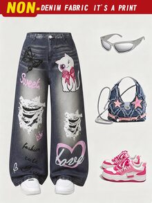 Young Girls 1Pcs Butterfly Cat Letter Print Wide Leg Pants, Loose Fit Fall Casual Daily Wear - Multicolor - View 5