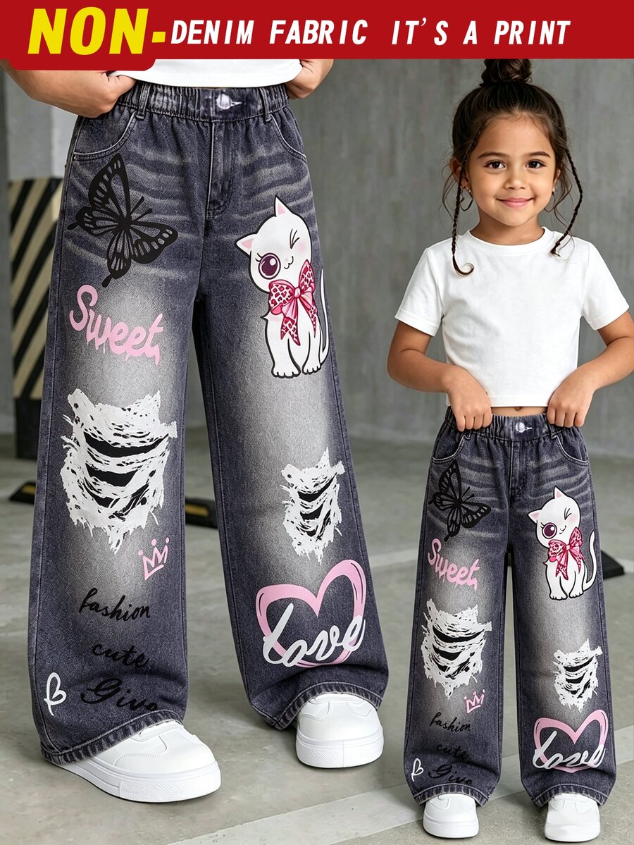 Young Girls 1Pcs Butterfly Cat Letter Print Wide Leg Pants, Loose Fit Fall Casual Daily Wear - Multicolor - View 1