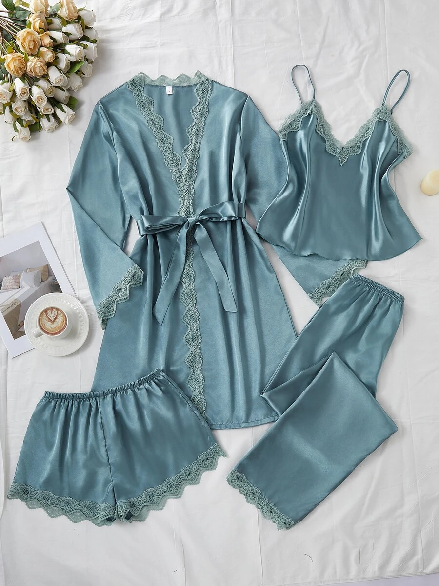 SilkySpell 4pcs Contrast Lace Faux Silk Camisole Top , Shorts, Pants And Belted Robe Pajama Set, Fall Winter Clothes - Cadet Blue - View 1