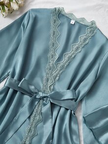 SilkySpell 4pcs Contrast Lace Faux Silk Camisole Top , Shorts, Pants And Belted Robe Pajama Set, Fall Winter Clothes - Cadet Blue - View 6