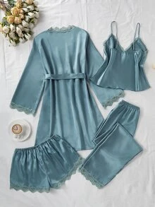 SilkySpell 4pcs Contrast Lace Faux Silk Camisole Top , Shorts, Pants And Belted Robe Pajama Set, Fall Winter Clothes - Cadet Blue - View 2