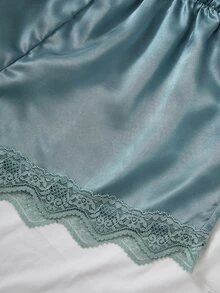 SilkySpell 4pcs Contrast Lace Faux Silk Camisole Top , Shorts, Pants And Belted Robe Pajama Set, Fall Winter Clothes - Cadet Blue - View 5