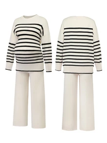 Momance Maternity Striped Crew Neck Long Sleeve Sweater And Knitted Pants Casual Set Autumn Formal Office White - Apricot - View 4