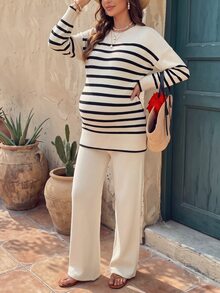 Momance Maternity Striped Crew Neck Long Sleeve Sweater And Knitted Pants Casual Set Autumn Formal Office White - Apricot - View 3