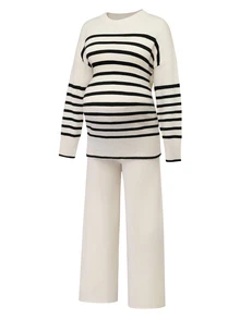 Momance Maternity Striped Crew Neck Long Sleeve Sweater And Knitted Pants Casual Set Autumn Formal Office White - Apricot - View 6