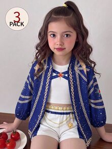 SHEIN 女童針織星星圖案圓領背心 + 梭織休閒襯衫 + 短褲 3件套 - 彩色 - 查看 4