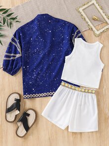 SHEIN 女童針織星星圖案圓領背心 + 梭織休閒襯衫 + 短褲 3件套 - 彩色 - 查看 6
