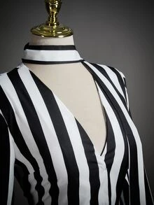 SHEIN ICON Women's Casual Striped V-Neck Top & Skirt Set - Black and White - View 5
