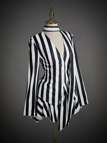 SHEIN ICON Women's Casual Striped V-Neck Top & Skirt Set - Black and White - View 3