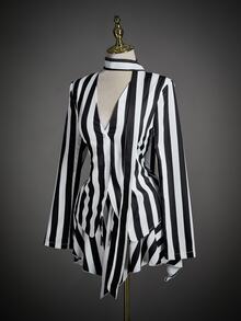 SHEIN ICON Women's Casual Striped V-Neck Top & Skirt Set - Black and White - View 4