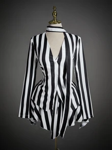 SHEIN ICON Women's Casual Striped V-Neck Top & Skirt Set - Black and White - View 1