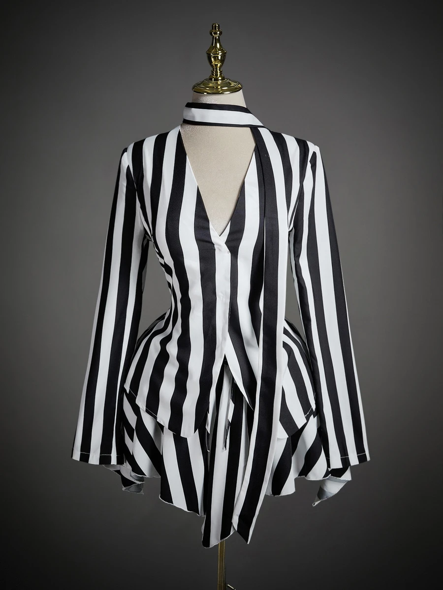 SHEIN ICON Women's Casual Striped V-Neck Top & Skirt Set - Black and White - View 1