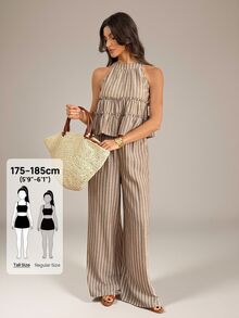 SHEIN Tall 女款棕色條紋波希米亞風夏季兩件套：無袖荷葉邊掛脖上衣搭配寬腿長褲，適合度假、休閒與沙灘穿著 - 棕色 - 查看 2