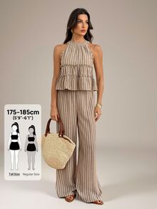 SHEIN Tall 女款棕色條紋波希米亞風夏季兩件套：無袖荷葉邊掛脖上衣搭配寬腿長褲，適合度假、休閒與沙灘穿著 - 棕色 - 查看 5