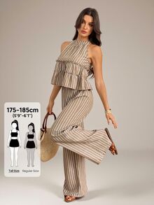 SHEIN Tall 女款棕色條紋波希米亞風夏季兩件套：無袖荷葉邊掛脖上衣搭配寬腿長褲，適合度假、休閒與沙灘穿著 - 棕色 - 查看 4