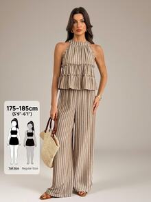 SHEIN Tall 女款棕色條紋波希米亞風夏季兩件套：無袖荷葉邊掛脖上衣搭配寬腿長褲，適合度假、休閒與沙灘穿著 - 棕色 - 查看 6