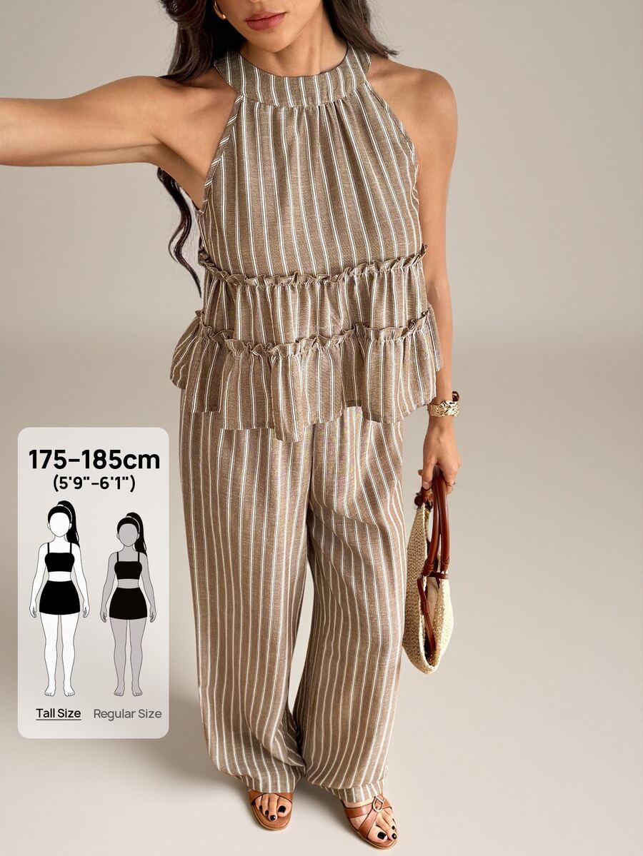 SHEIN Tall 女款棕色條紋波希米亞風夏季兩件套:無袖荷葉邊掛脖上衣搭配寬腿長褲,適合度假、休閒與沙灘穿著 - 棕色 - 查看 1