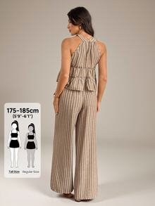 SHEIN Tall 女款棕色條紋波希米亞風夏季兩件套：無袖荷葉邊掛脖上衣搭配寬腿長褲，適合度假、休閒與沙灘穿著 - 棕色 - 查看 3