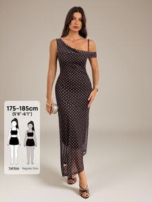 SHEIN Tall Gaun Tanpa Lengan Leher Asimetris Motif Polkadot untuk Wanita - Coklat - View 3