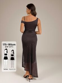 SHEIN Tall Gaun Tanpa Lengan Leher Asimetris Motif Polkadot untuk Wanita - Coklat - View 5