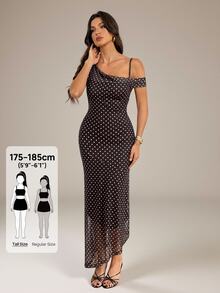 SHEIN Tall Gaun Tanpa Lengan Leher Asimetris Motif Polkadot untuk Wanita - Coklat - View 4