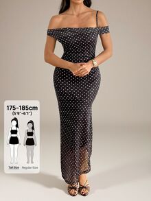 SHEIN Tall Gaun Tanpa Lengan Leher Asimetris Motif Polkadot untuk Wanita - Coklat - View 6