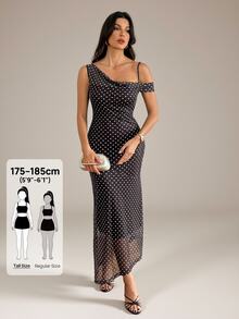 SHEIN Tall Gaun Tanpa Lengan Leher Asimetris Motif Polkadot untuk Wanita - Coklat - View 1