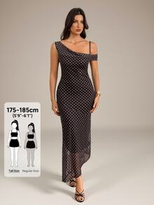 SHEIN Tall Gaun Tanpa Lengan Leher Asimetris Motif Polkadot untuk Wanita - Coklat - View 2
